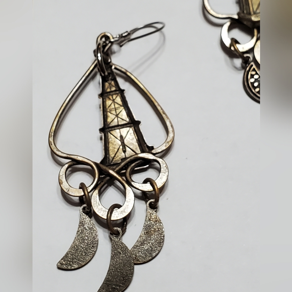 Unique probably one of a kind,oil drilling rig & watermelon chandelier Earrings - Picture 2 of 3